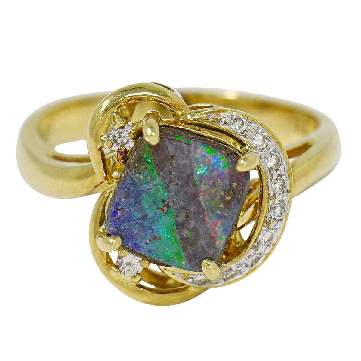 本物 ボルダーオパール 2.11ct ダイヤモンド 0.13ct K18 YG リング 指輪 15号 イエローゴールド ブルー グリーン アクセサリー ジュエリー 中古・|BRAND BOX