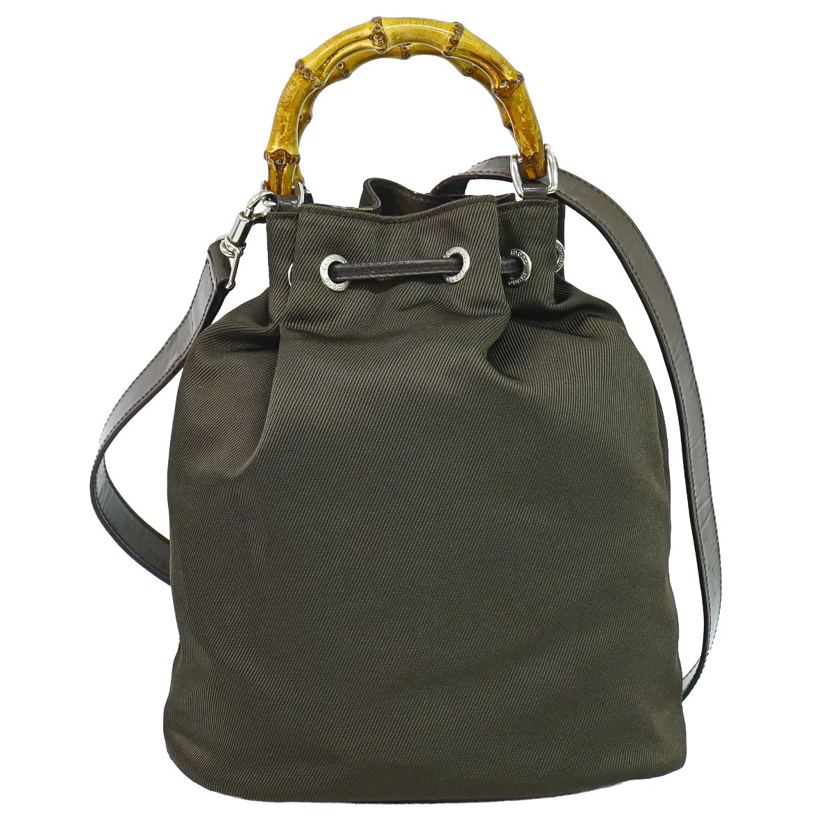本物 グッチ GUCCI バンブー 巾着 2WAY ショルダーバッグ ハンドバッグ ナイロン カーキ Bamboo バッグ 中古・