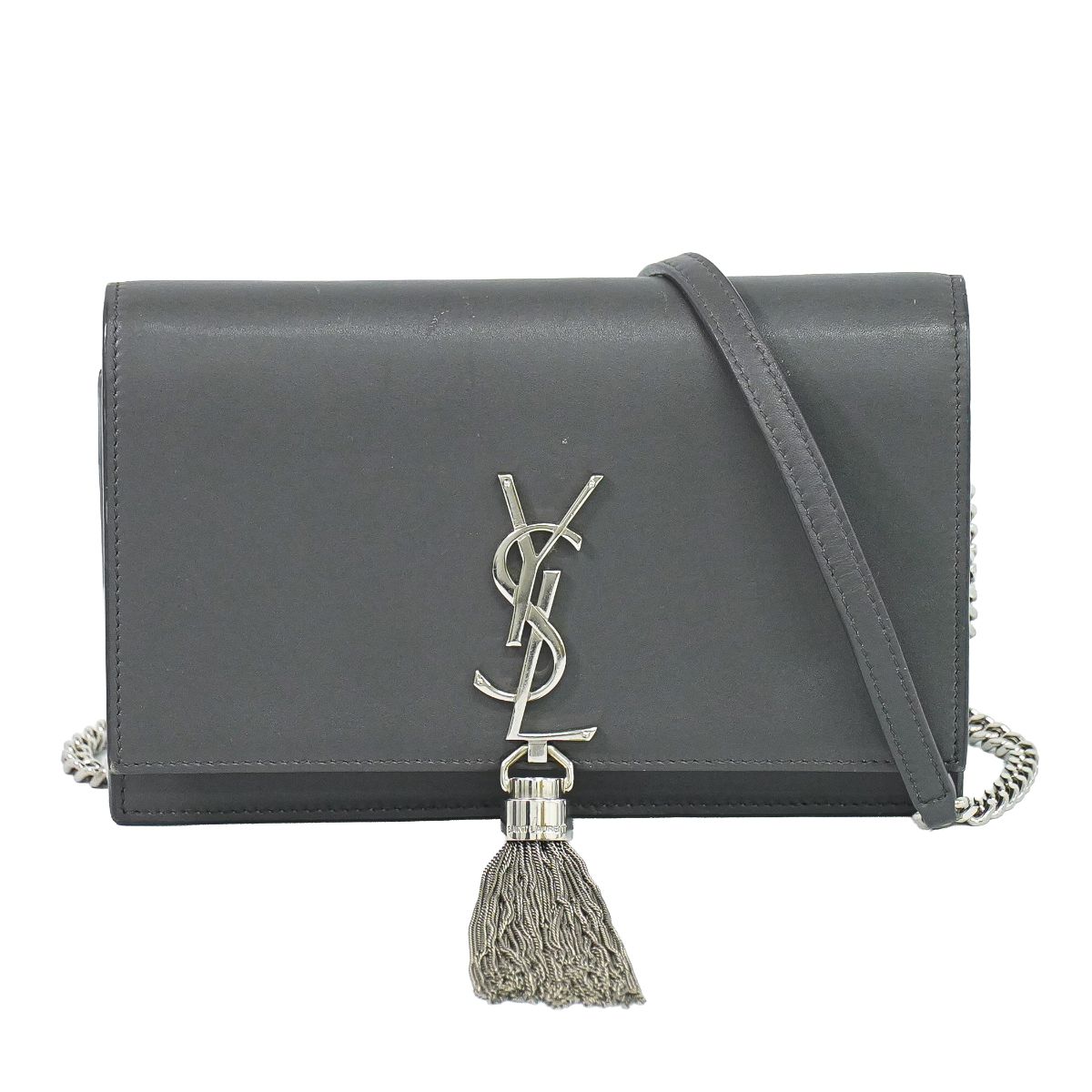 本物 サンローラン SAINT LAURENT YSL ケイト タッセル チェーン ショルダーバッグ ポシェット レザー グレー Kate バッグ 中古・|BRAND BOX