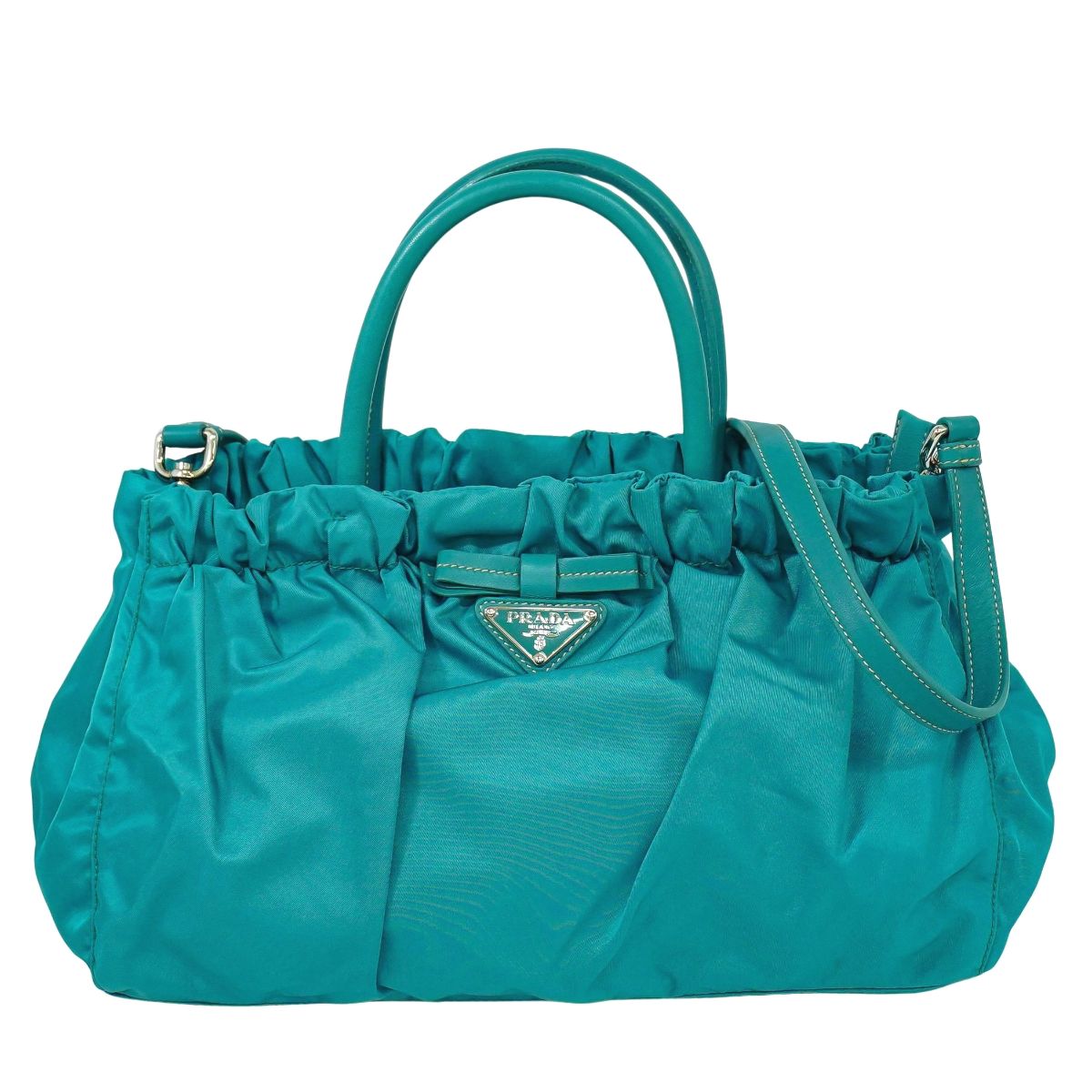 本物 プラダ PRADA テスート リボン 2WAY ショルダーバッグ ハンドバッグ ナイロン ターコイズブルー BN1631 バッグ 中古・