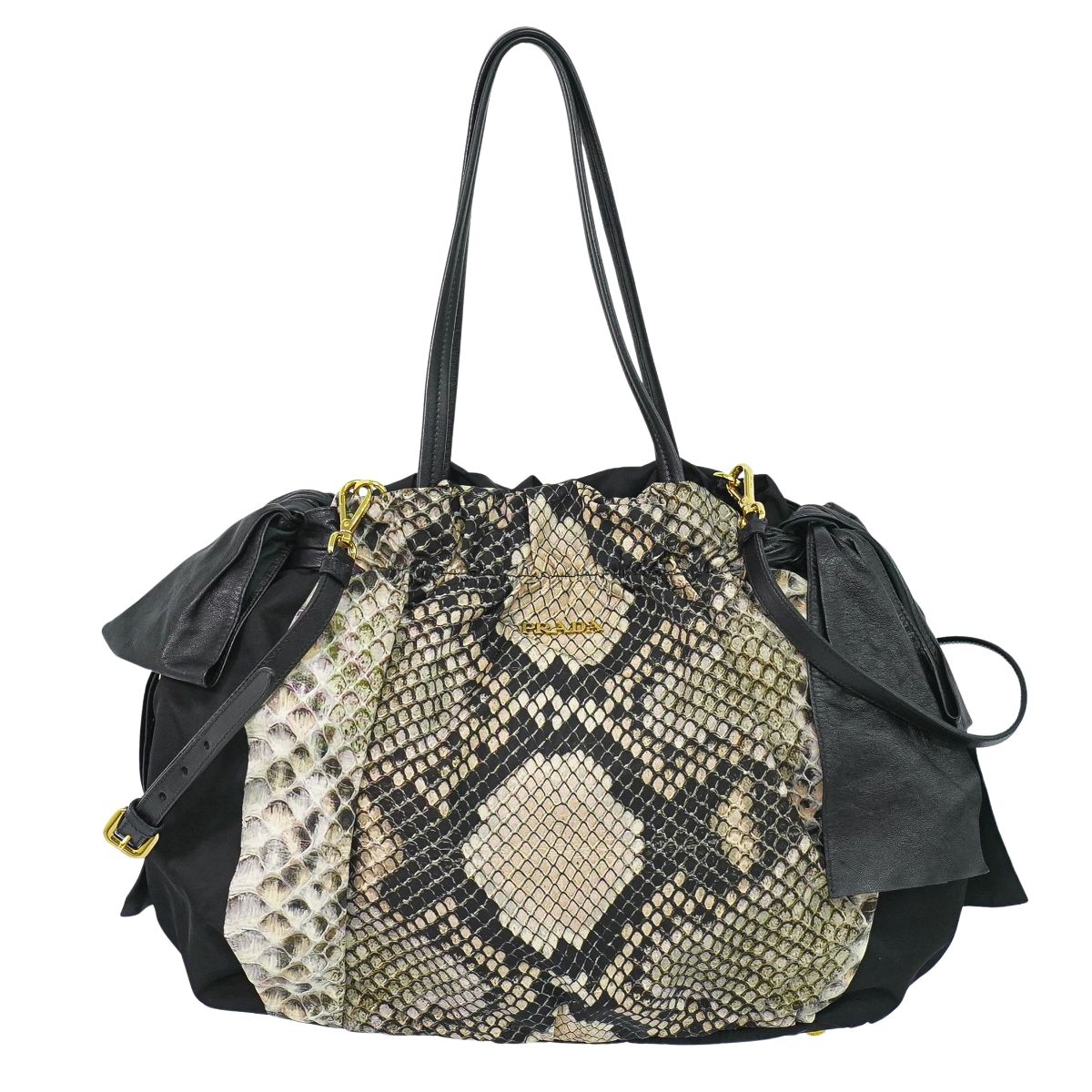 本物 プラダ PRADA パイソン柄 2WAY ショルダーバッグ ハンドバッグ ポシェット ナイロン ブラック マルチカラー バッグ 中古・