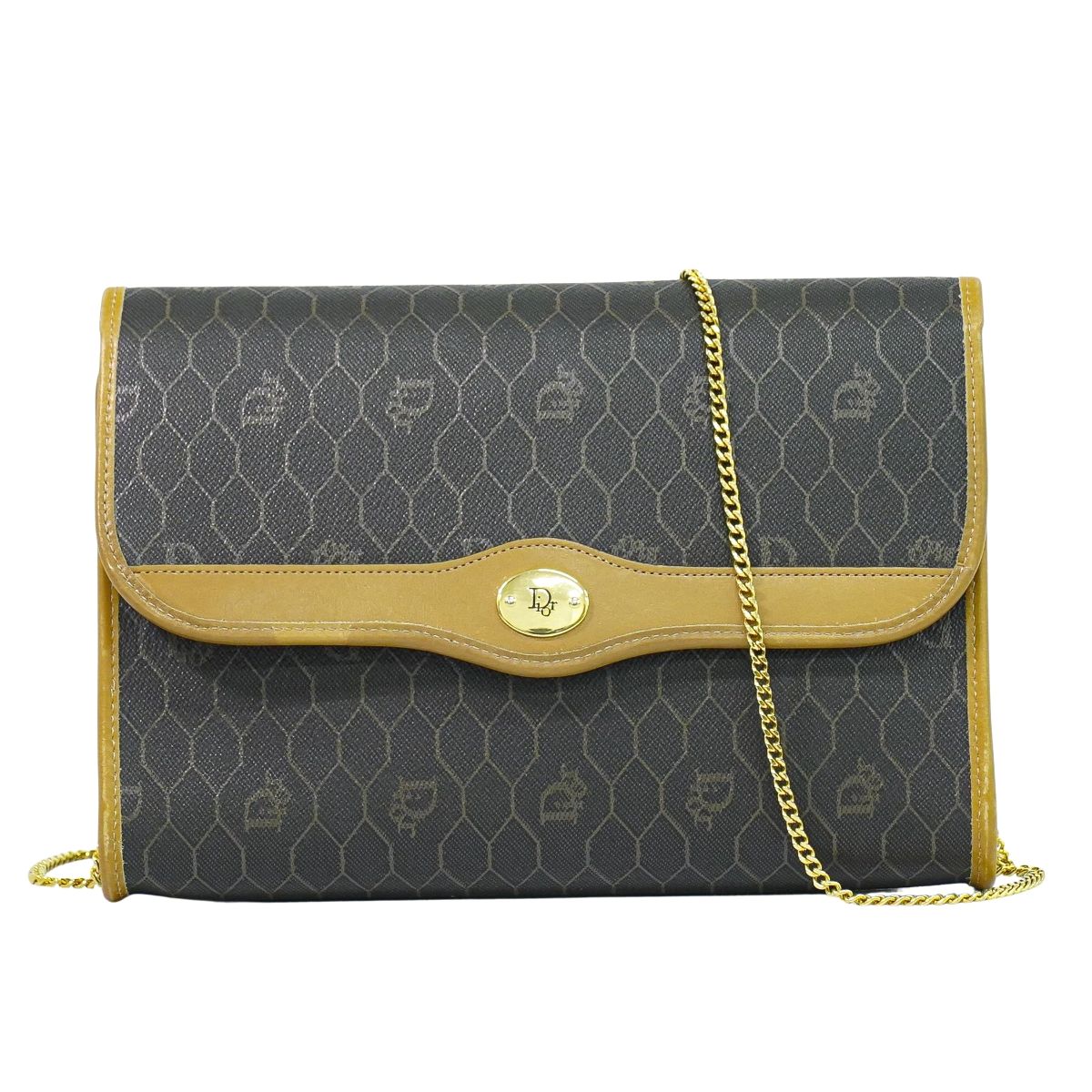 本物 クリスチャン クリスチャンディオール Christian Dior ハニカム柄 チェーン店 ショルダーバッグ ポシェット PVC 黒いこと 赤銅色 御徒面子 中古・