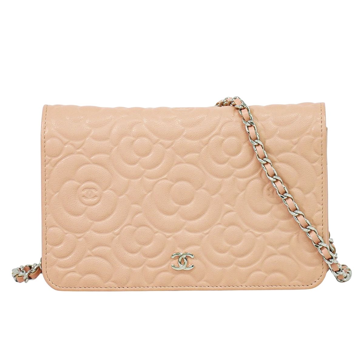 本物 シャネル CHANEL ココマーク カメリア チェーン ショルダーウォレット 長財布 レザー ピンク Camelia 財布 ウォレット 中古・