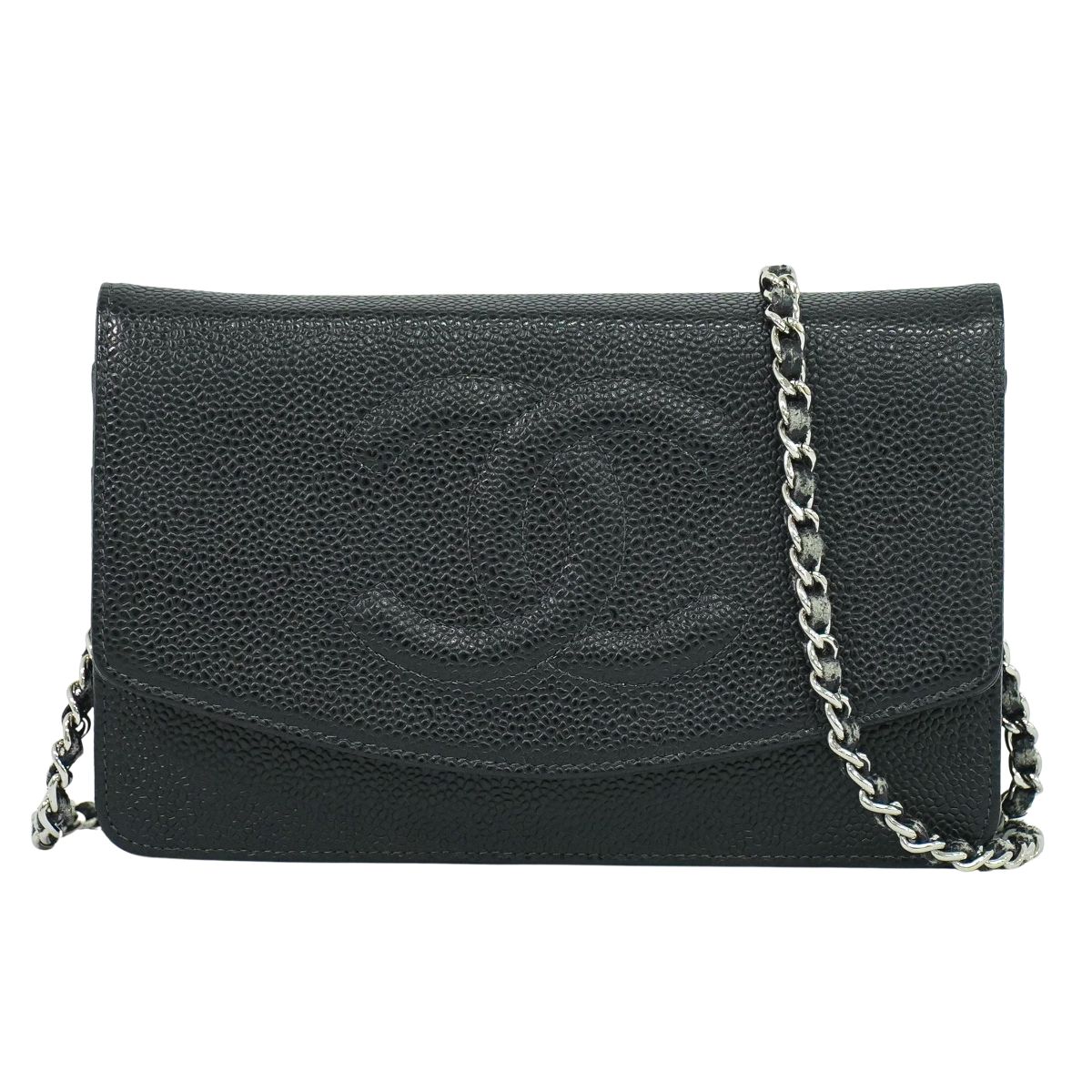 本物 シャネル CHANEL ココマーク チェーン ショルダーウォレット 長財布 キャビアスキン レザー ブラック Coco Mark 財布 ウォレット 中古・