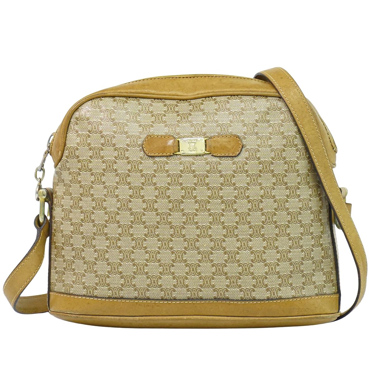 本物 セリーヌ CELINE マカダム ショルダーバッグ ポシェット PVC ベージュ Macadam 御徒面子 中古・