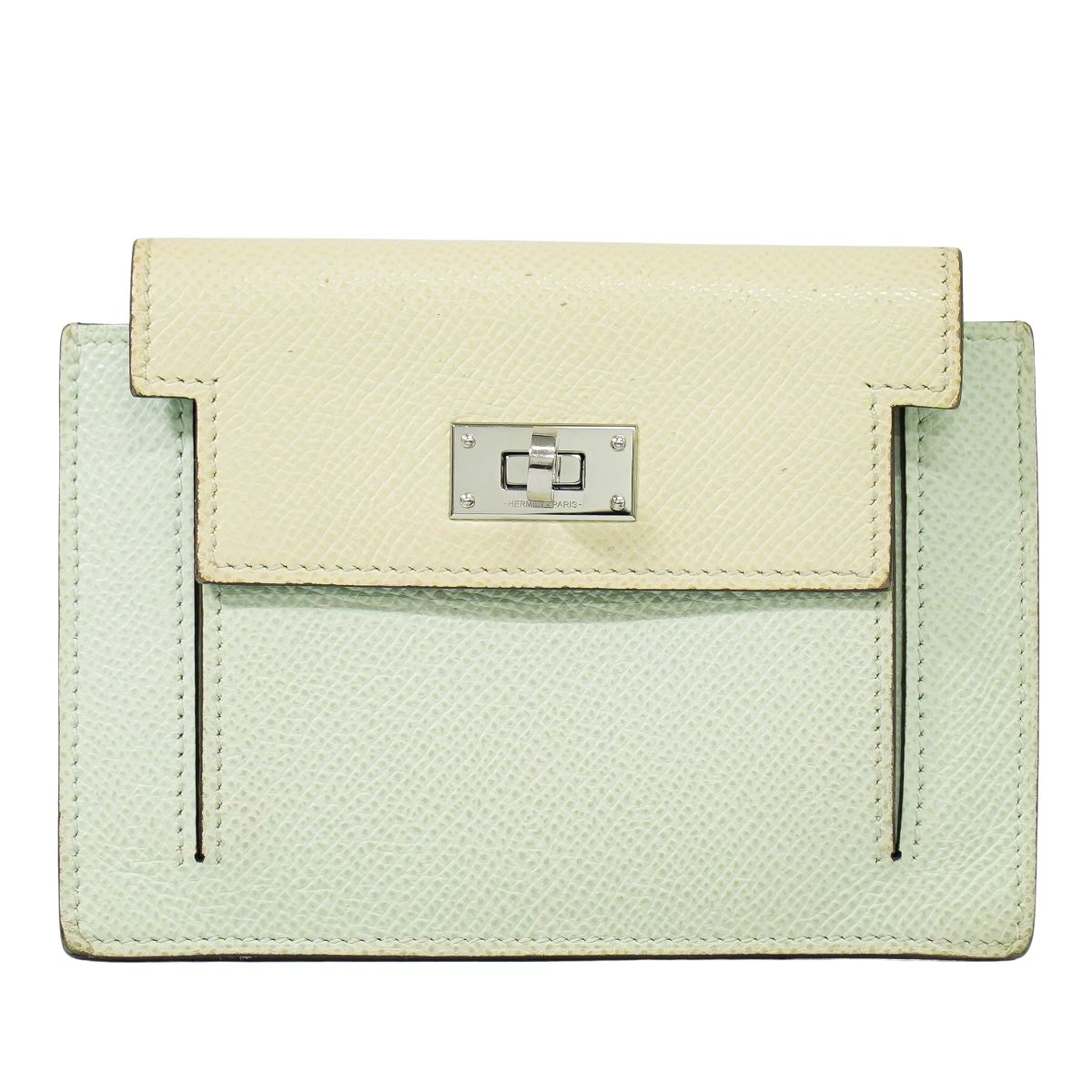 本物 エルメス HERMES ケリー隠し パウダーコンパクト トリコロール ヴォーエプソン なめし革 コインケース B刻 2023年 ライトグリーン 皮膚軟化剤 金入れ ウォレット 中古・