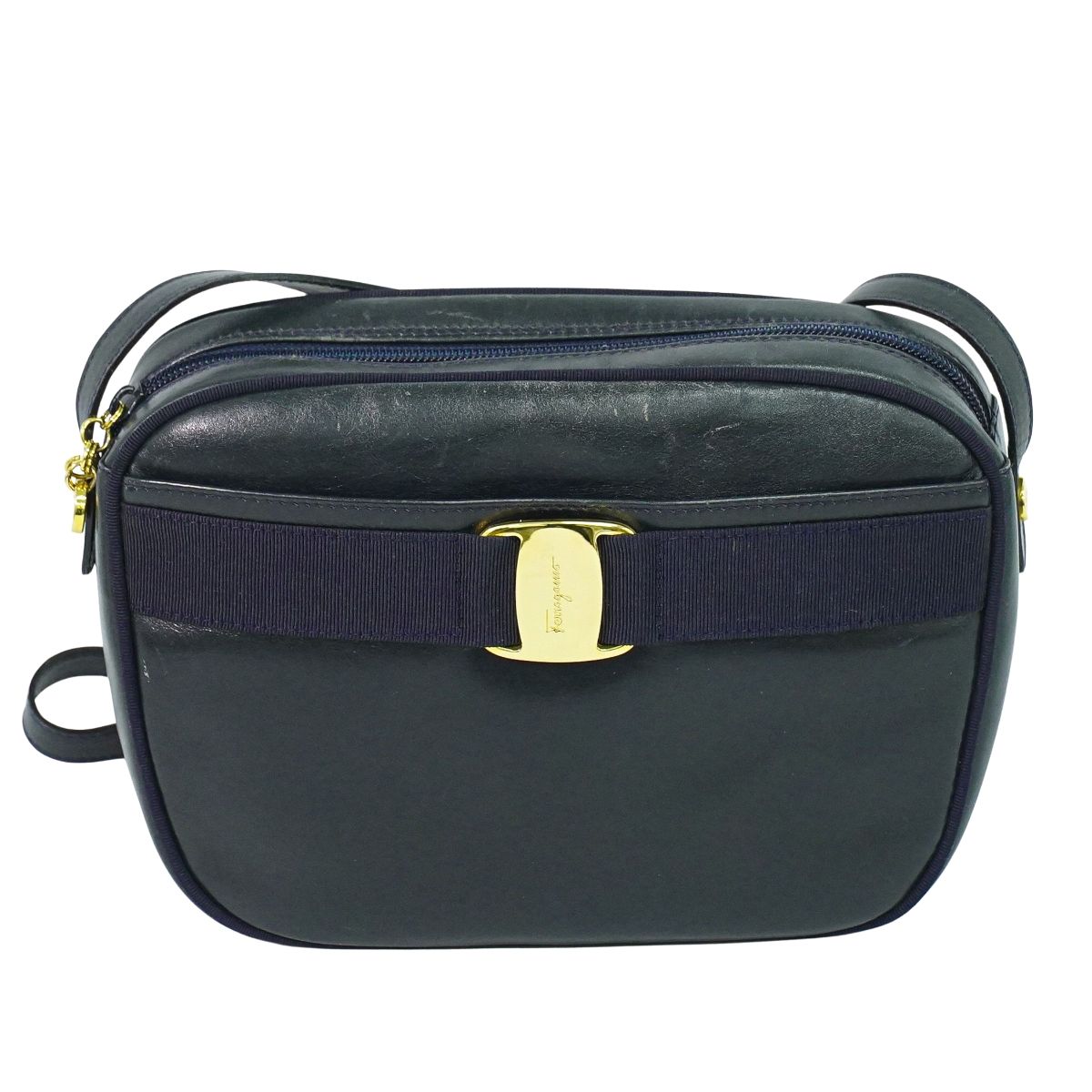 本物 サルヴァトーレ フェラガモ Salvatore Ferragamo ヴァラ ショルダーバッグ ポシェット レザー ネイビー Vara バッグ 中古・ 15,246円