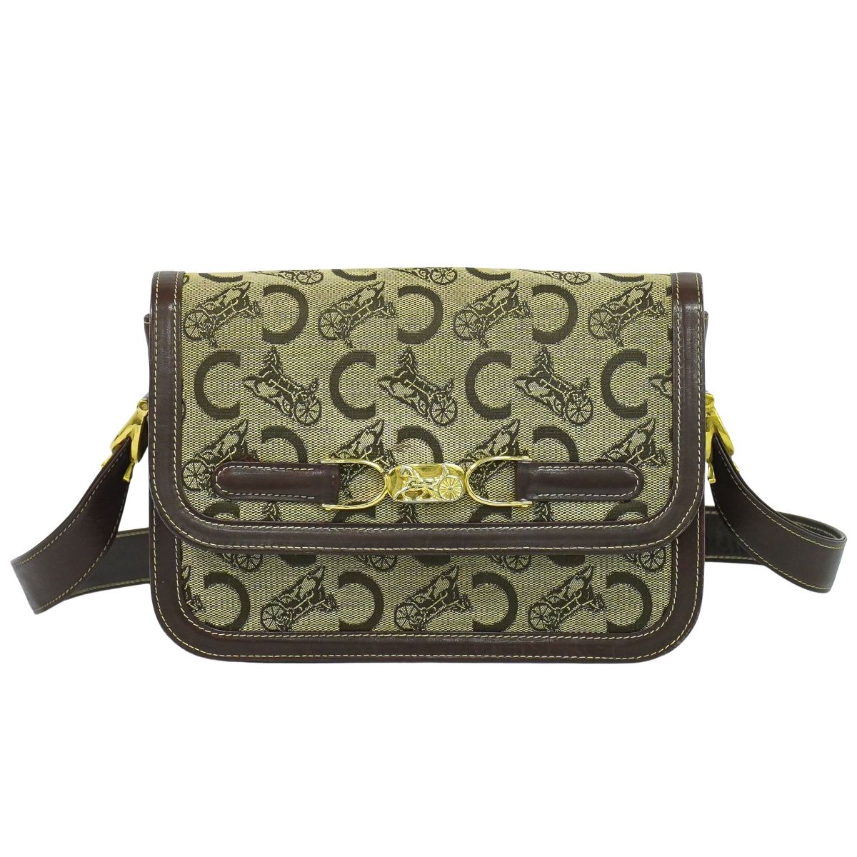 本物 セリーヌ CELINE Cサルキー 馬車金具 ショルダーバッグ キャンバス レザー ベージュ ブラウン Sulky バッグ 中古・