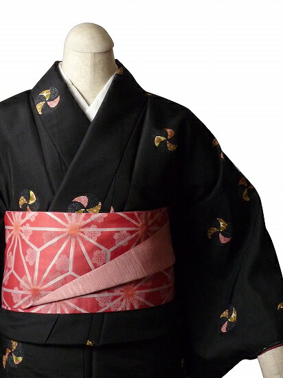 【レンタル】着物 レンタル 春秋冬用 レディース 袷 小紋 セット「Sサイズ」黒・手まり文 (1017)