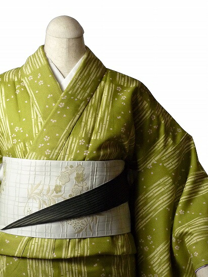 【レンタル】着物 レンタル 春秋冬用 レディース 袷 小紋 セット「Mサイズ」黄緑・市松竹文 (1021)
