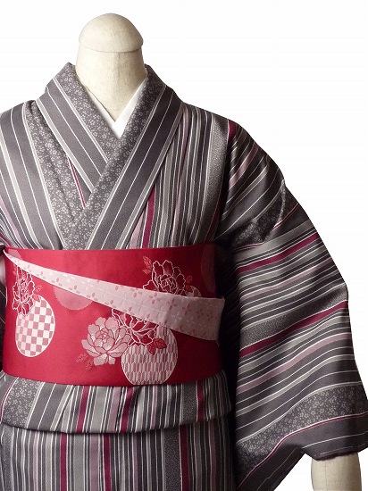 【レンタル】着物 レンタル 春秋冬用 レディース 袷 小紋 セット「Lサイズ」紫グレー・縦縞 (1032)