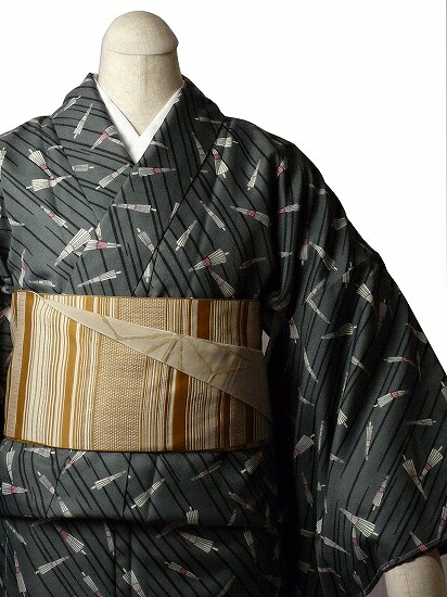 【レンタル】着物 レンタル 春秋冬用 レディース 袷 小紋 セット「Mサイズ」グレー・傘文 (1033)