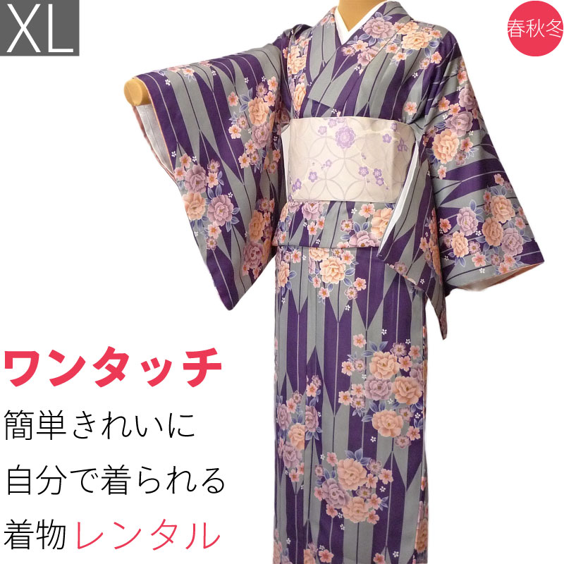 【レンタル】着物 レンタル 春秋冬用 レディース 袷 小紋 セット「XLサイズ」紫・グレー・矢絣 (1098)