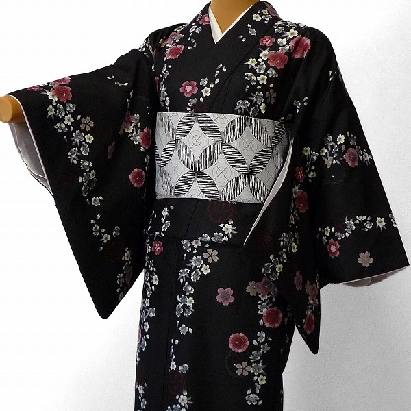 【レンタル】着物 レンタル 春秋冬用 レディース 袷 小紋 セット「Mサイズ」黒・桜・モノトーン (1124)