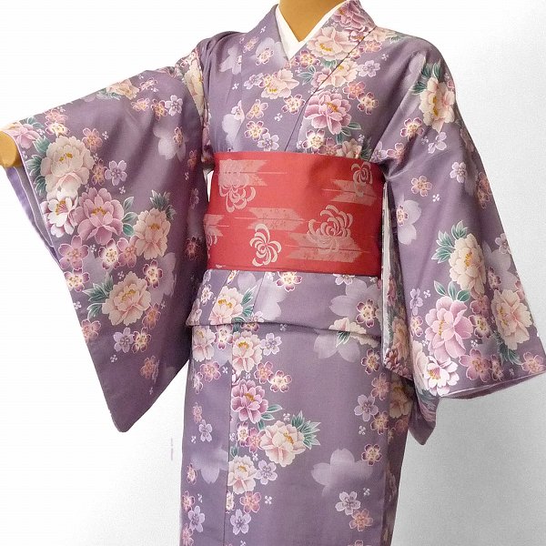 【レンタル】着物 レンタル 春秋冬用 レディース 袷 小紋 セット「Lサイズ」薄紫・牡丹 (1151)