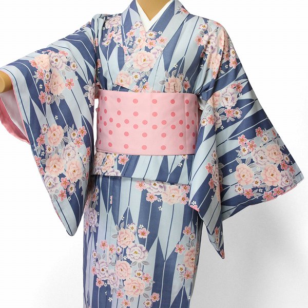 【レンタル】着物 レンタル 春秋冬用 レディース 袷 小紋 セット「Mサイズ」水色・矢絣 (1152)