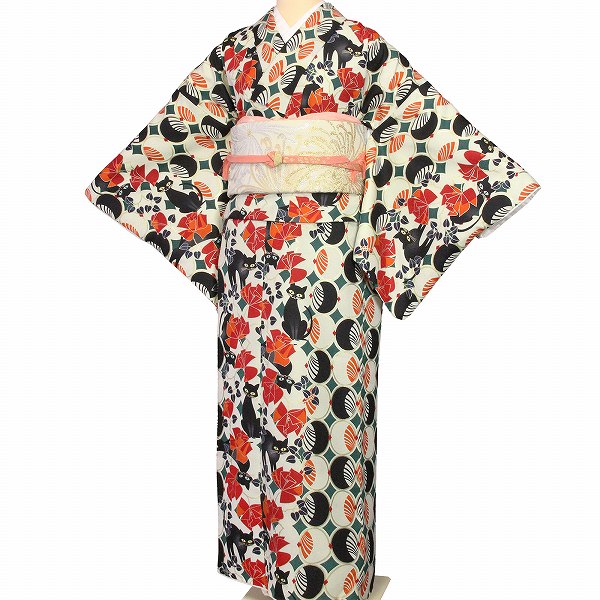 【レンタル】着物 レンタル パーティー・街歩き・撮影・展示会・衣装「Lサイズ」白・黒ネコ 着物+袋帯 セット ワンタッチ 着物 簡単 和装 レンタル (1326a)|レンタル着物 みやこもん