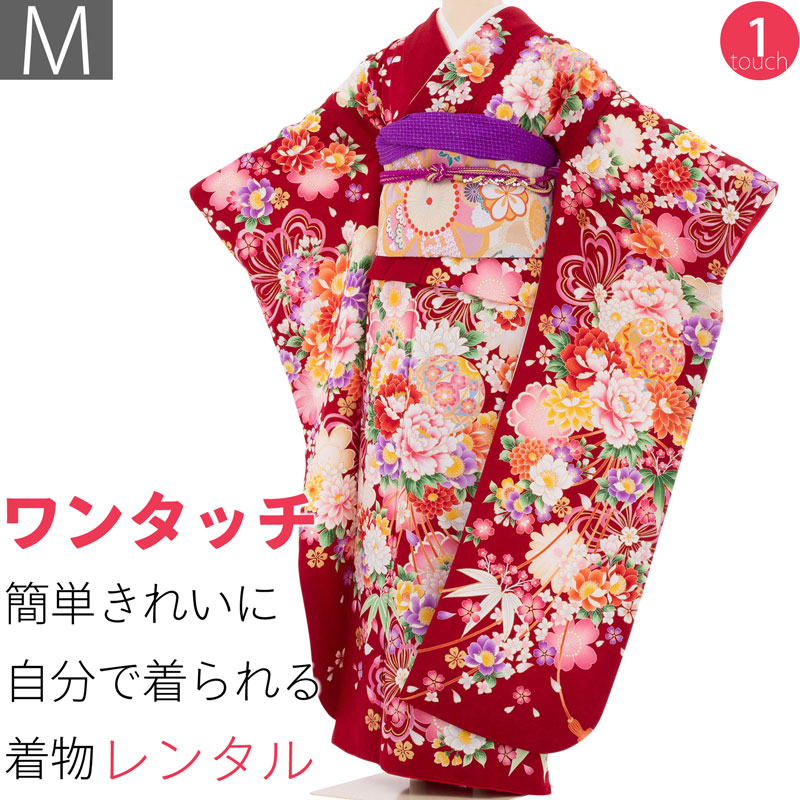 【レンタル】振袖 レンタル 成人式 「Mサイズ」赤 手毬 牡丹 洋花風デザイン フルセット ワンタッチ 着付け 簡単 卒業式 結婚式 (1811a)|レンタル着物 みやこもん