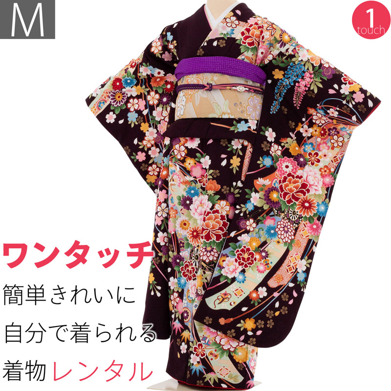 【レンタル】振袖 レンタル 成人式 「Mサイズ」黒 御所車と束ね熨斗 しだれ桜 フルセット ワンタッチ 着付け 簡単 卒業式 結婚式 (1851a)|レンタル着物 みやこもん