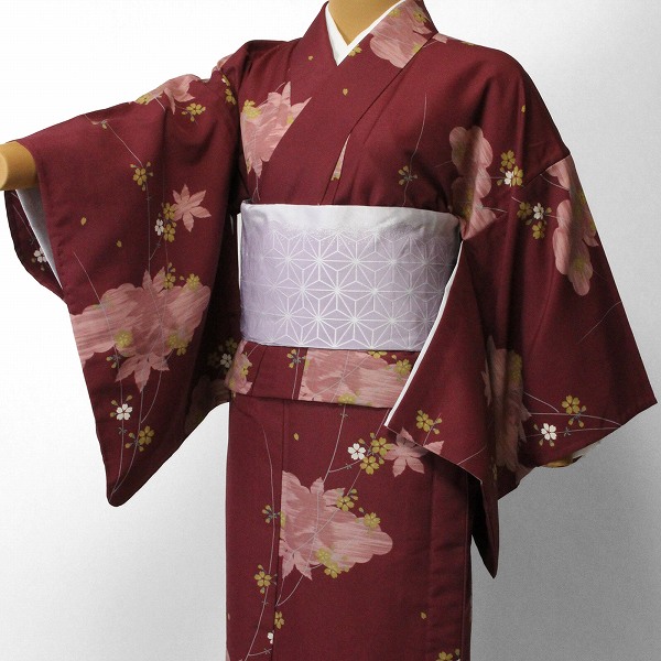 【レンタル】宅配レンタル 単衣着物セット 「Mサイズ」赤・桜紅葉(初夏・初秋用／女性用レディース単衣) (3063)