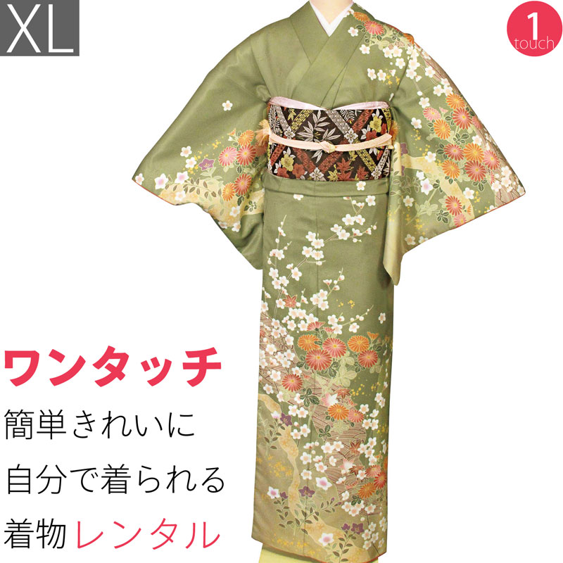 【レンタル】訪問着 レンタル トールサイズ「XLサイズ」緑 枝梅・菊 着物+袋帯 セット 着付け簡単 ワンタッチ レンタル 七五三・披露宴 (2024a) 18,104円
