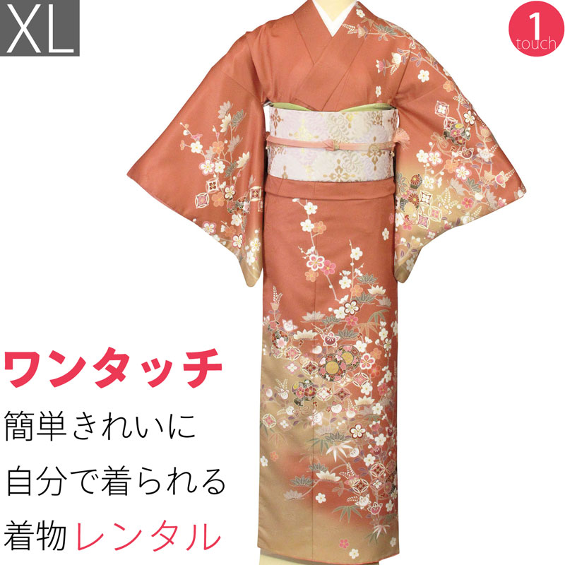 【レンタル】訪問着 レンタル トールサイズ「XLサイズ」茶色 梅・橘 着物+袋帯 セット 着付け簡単 ワンタッチ 和服 レンタル 卒園式・入学式 (2054a)