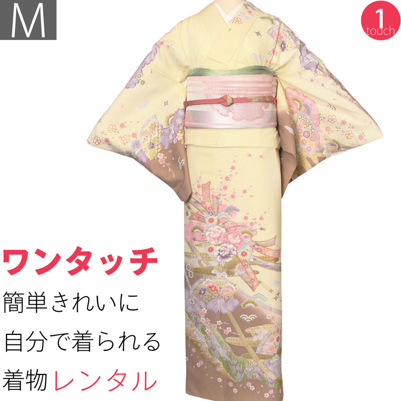【レンタル】訪問着 レンタル 七五三・入学式(ママ・お母さん)・卒業式・卒園式・結婚式「Mサイズ」クリーム・白・伝統柄 着物+袋帯 セット ワンタッチ 着物 和服 レンタル (2087a)