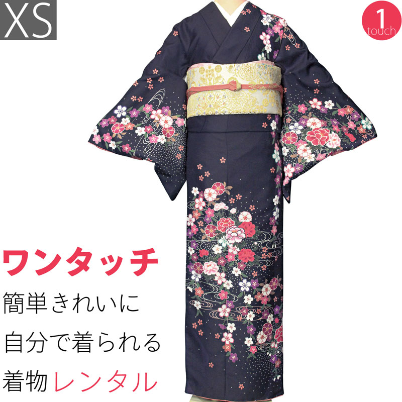 【レンタル】訪問着 レンタル パーティー 舞台衣装「XSサイズ」黒色 しだれ桜 着物+袋帯 セット ワンタッチ 着物 レンタル (2185a)|レンタル着物 みやこもん