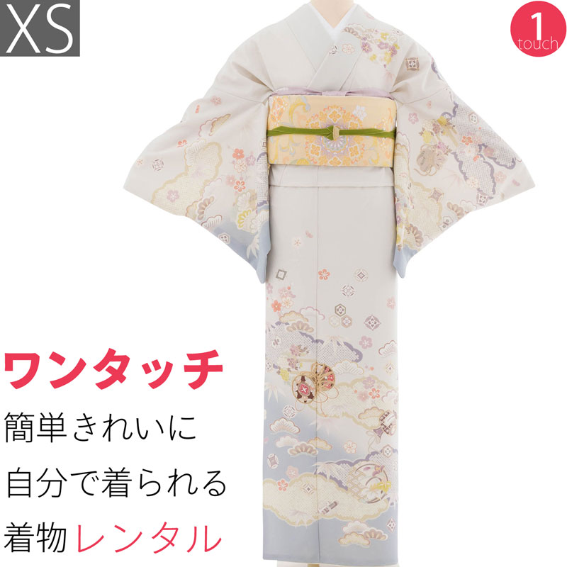 【レンタル】訪問着 レンタル 七五三 母 卒業式 入学式 「XSサイズ」アイボリー 青グレー くすみ 鼓 松竹梅 フルセット ワンタッチ 簡単 (2370a)