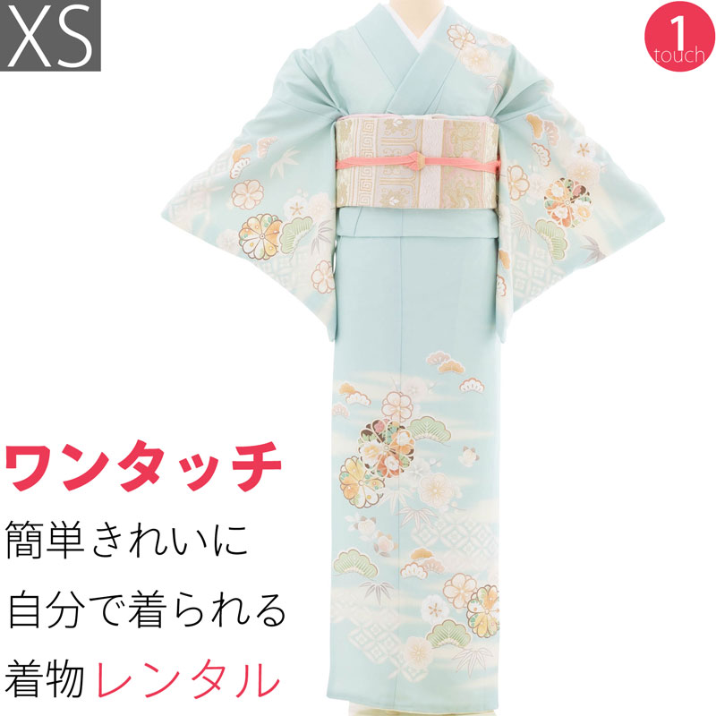 【賃借】短い訪問着 賃借 七五三 母 卒式 はいり込む式 「XS大きさ」淡彩青み 水色 丸菊取り 松竹梅 フルセット ワンタッチ 飾り気の無い (2390a)
