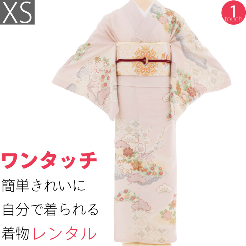 【賃借】短い訪問着 賃借 七五三 母 卒式 はいり込む式 お宮参り「XS大きさ」サクラ色 薄墨色 松竹梅 七宝 名取り草 フルセット ワンタッチ 飾り気の無い (2495a)