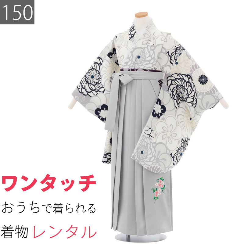 【レンタル】ワンタッチ 小学校 卒業式 女の子 簡単 はかま 「150サイズ」 白/袴 グレー ねじ梅 意匠菊 フルセット 女子 (t016as)