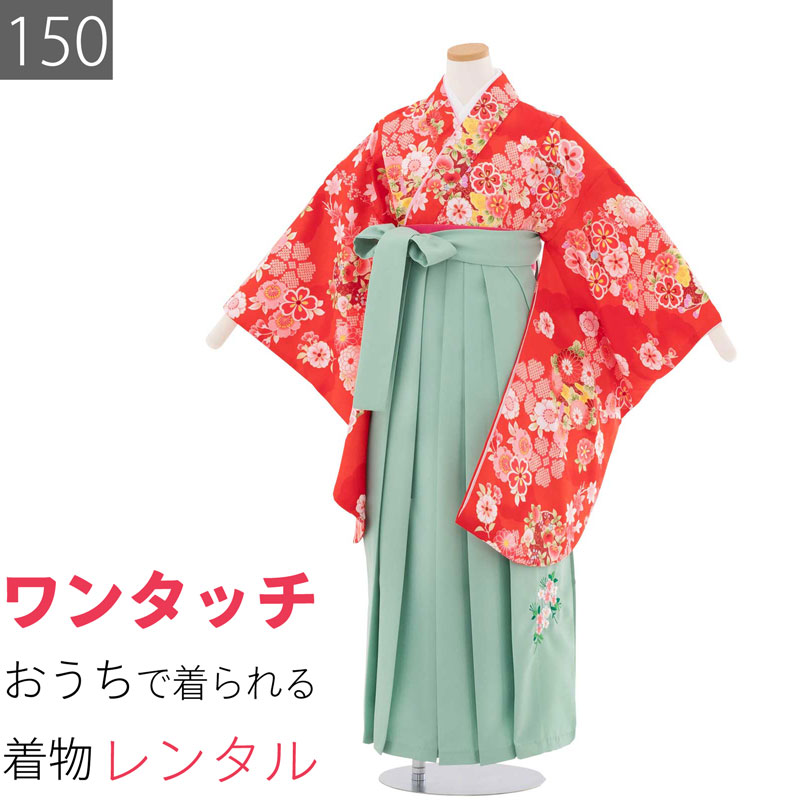 【レンタル】ワンタッチ 小学校 卒業式 女の子 簡単 はかま 「150サイズ」 赤/袴 若緑 桜 四季花 フルセット 女子 (t041as)｜レンタル着物 みやこもん