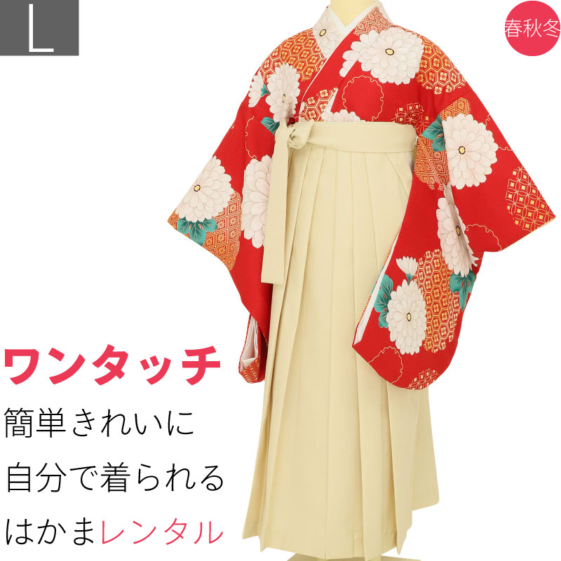 【賃借】袴 賃借 卒式 ワンタッチ「L大きさ」卒袴 二尺袖 赤 大菊 亀甲菱/皮膚軟化剤 はかま 飾り気の無い フルセット 単科大学 (d009a003)