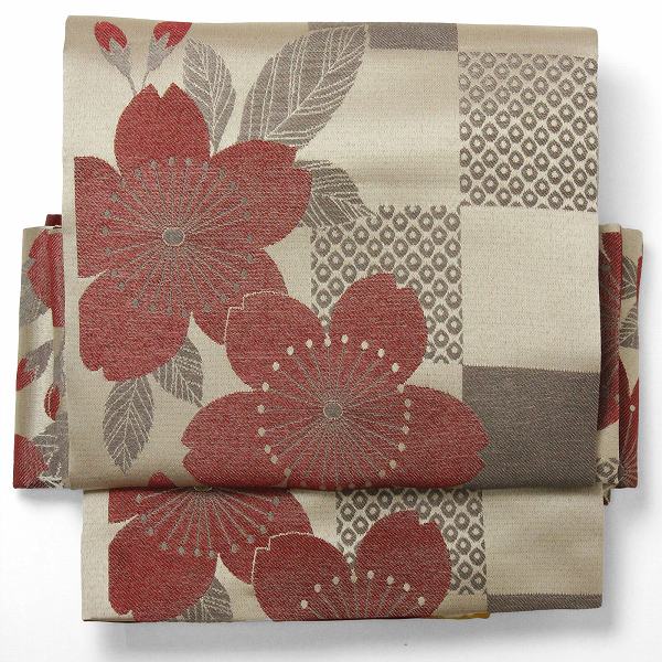 【レンタル】京袋帯 レンタル アップグレード【帯揚げ・帯締め・セット】ベージュ・大桜 HL HENRI-LUC CHAPUIS〔着物レンタル オプション〕〔お太鼓〕〔宅配レンタル〕(春秋冬用／女性用レディース)【返却送料無料】
