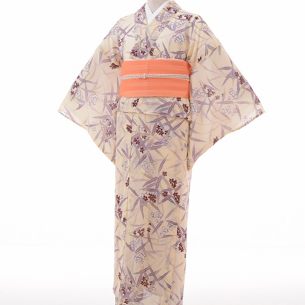 【レンタル】着物 レンタル 夏物 名古屋帯 セット(夏用・薄物・紗 レディース)「Mサイズ」白・竹文 (ワンタッチ 式) (4012a)