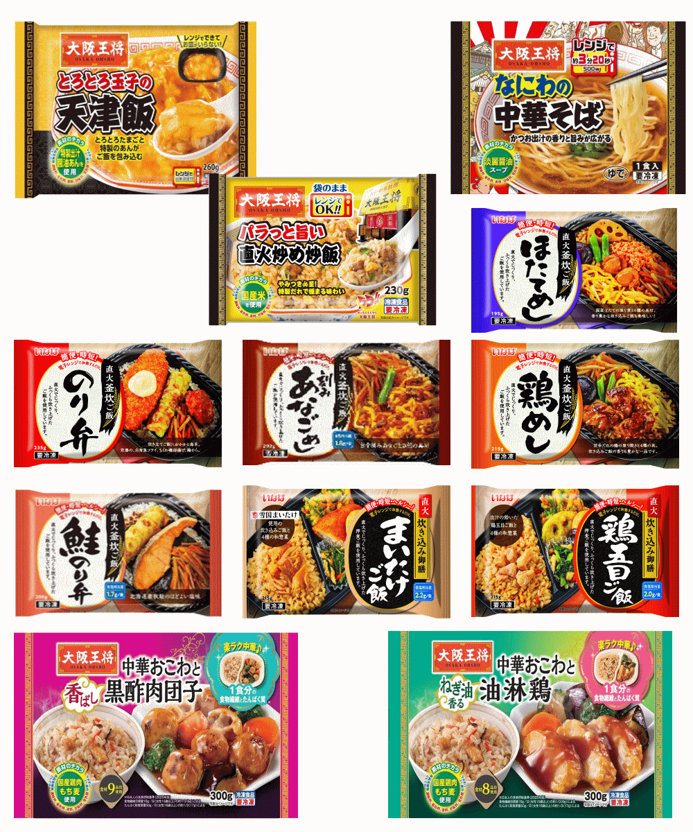 【冷凍食品】9種セット いなば食品 直火炊き込み弁当4種 vs 大阪王将 中華そば 炒飯 天津飯 油淋鶏 肉団子 5種 関東圏送料無料
