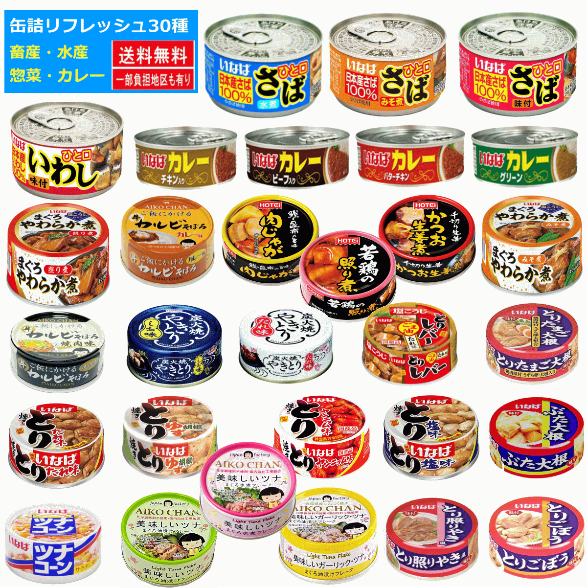 【缶詰め】リニューアル 非常食 保存食に 缶詰 30缶 いなば 宝幸 伊藤食品 焼き鳥 ホテイフーズ 水産 畜産 惣菜 カレーなどバラエティ30種セットさば いわし まぐろ ツナコーン 惣菜 関東圏送料無料