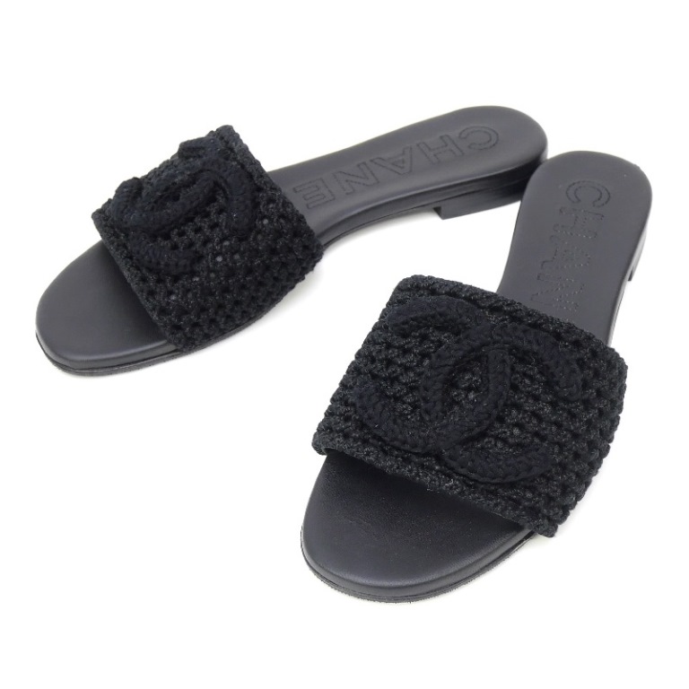 シャネル CHANEL ニット フラットサンダル ココマーク 黒 39C 【中古】(69146)
