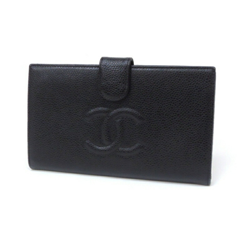 CHANEL 二つ折り紙入れ 万覚え帳型紙入れ ココマーク A13498 黒 キャビア人はだ 【中古】(59716)