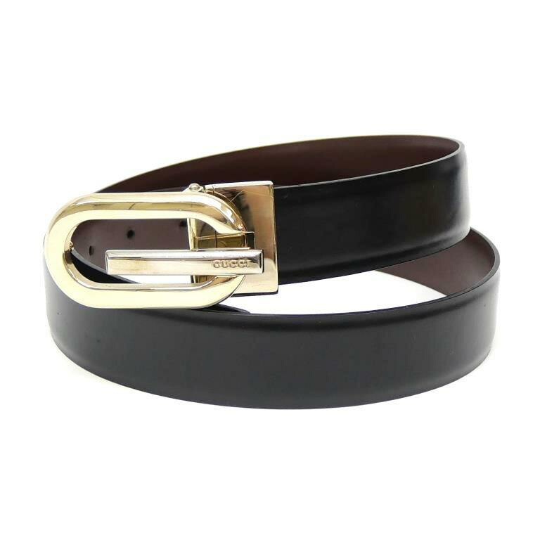 グッチ GUCCI リヴァーシブル 三尺帯 Gバックル 80/32 黒×赤銅色 なめし革 【中古】(70863)