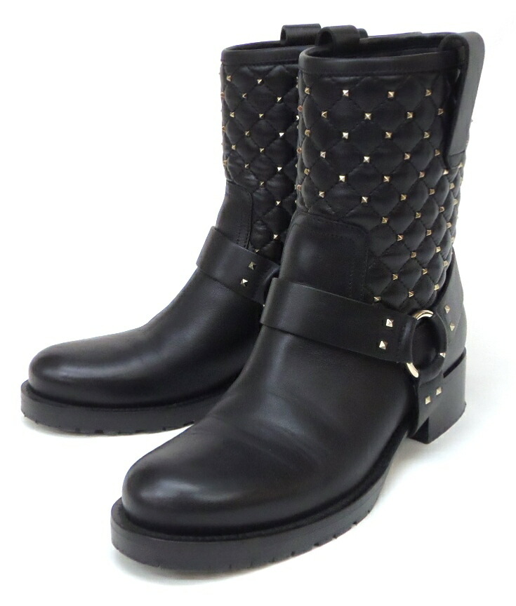 VALENTINO ロックスタッズキルティングレザーブーツ 黒 カーフ 37 【中古】(61087)｜堀田商事質店　店