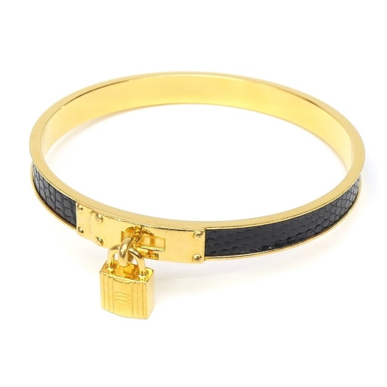 エルメス HERMES ケリーバングル カデナ リザード ゴールド×黒 【中古】(68035)