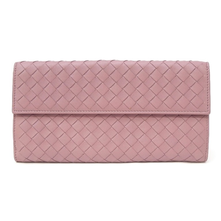 ボッテガ・ヴェネタ BOTTEGA VENETA  二つ折り長紙入れ イントレチャート さくら色 なめし革 【中古】(68643)