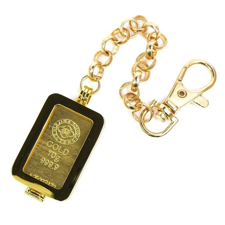 井島貴金属精錬 純金インゴット 10g バッグチャーム ゴールドバー ingot 24金 金メッキ枠 【中古】(70179)