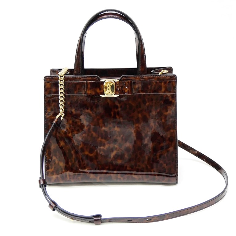 フェラガモ Ferragamo 2WAY ハンドバッグ ショルダーバッグ ヴァラ ブラウン エナメル 【中古】(70791)|堀田商事質店 店