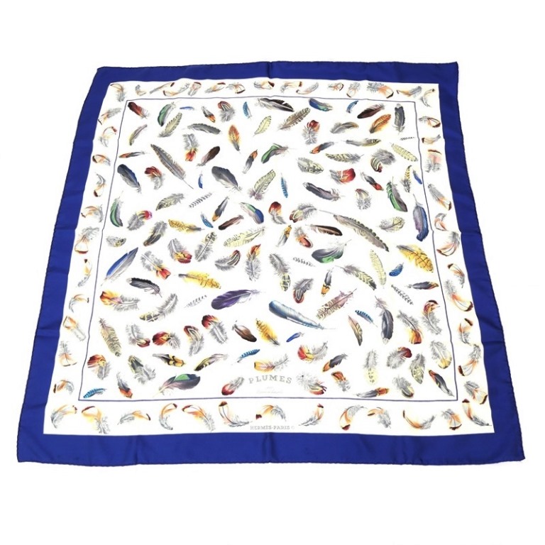 エルメス HERMES スカーフ カレ90 Plumes 羽根 ネイビー シルク 【中古】(70829)｜堀田商事質店　店