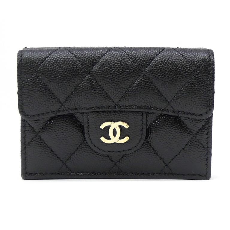 シャネル CHANEL コンパクトウォレット 三つ折り札入れ マトラッセ AP0230 黒 キャビア素はだ 【中古】(70861)