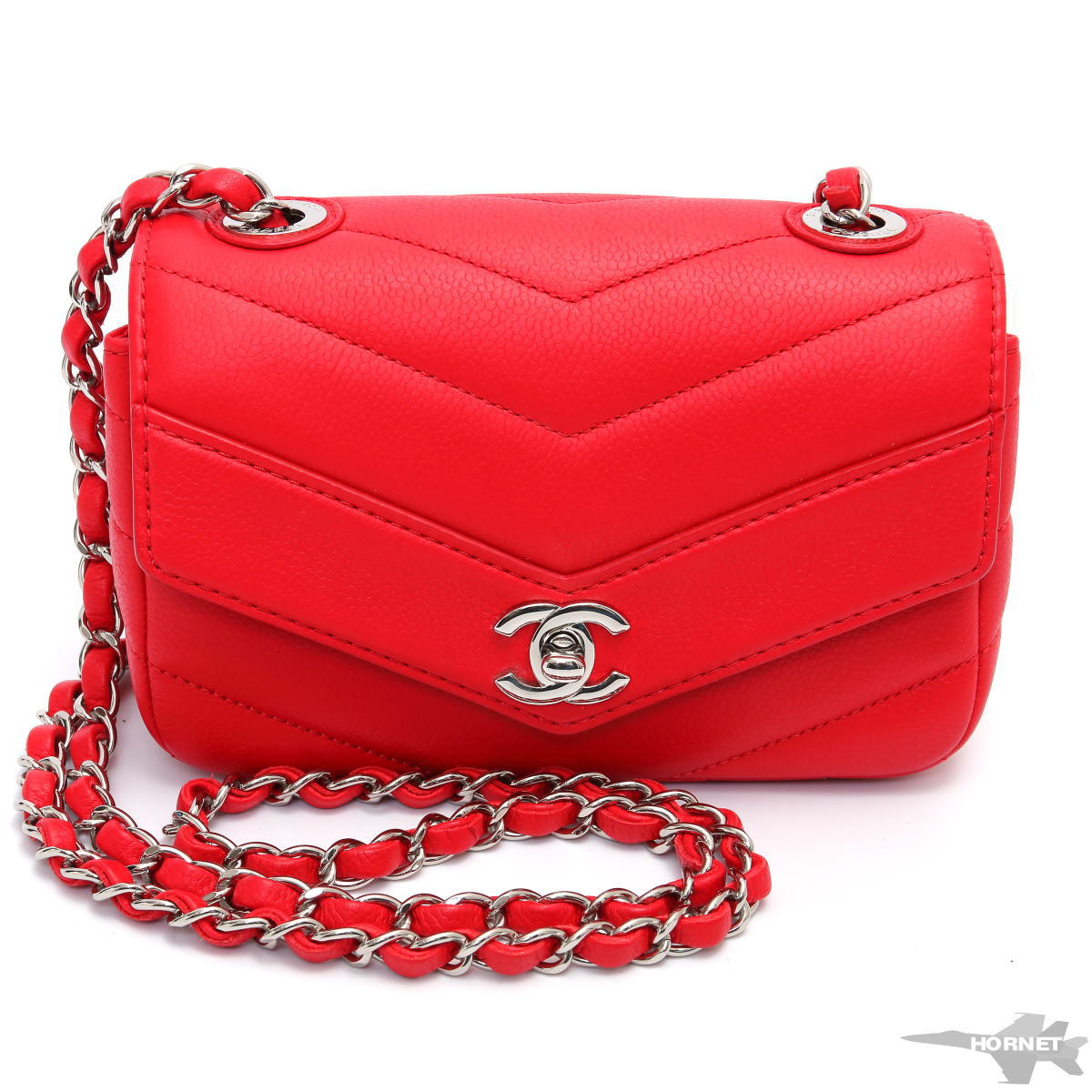 CHANEL シャネル シェブロン Vステッチ チェーンショルダー バッグ ミニ　 レッド 赤　ソフトキャビアスキン 【中古】【バッグ】 2120059