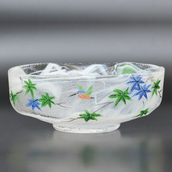 b193 【新品・未使用】ガラス 馬盥茶碗 青楓 八木海峰 紙箱 硝子 茶道具 茶道具 ガラス抹茶茶碗 硝子抹茶茶碗 ガラス 硝子 平茶碗 青楓